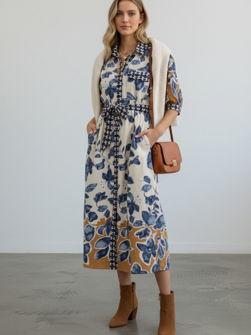 Entro NWT Botanical Print Midi Shirt Dress Belted Pockets Lined Sz L